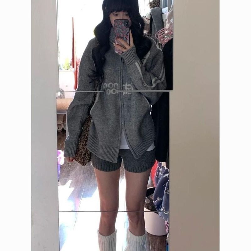 美式复古上衣秋冬新款外套针织拉链棒球服慵懒宽松毛衣开衫百搭|undefined