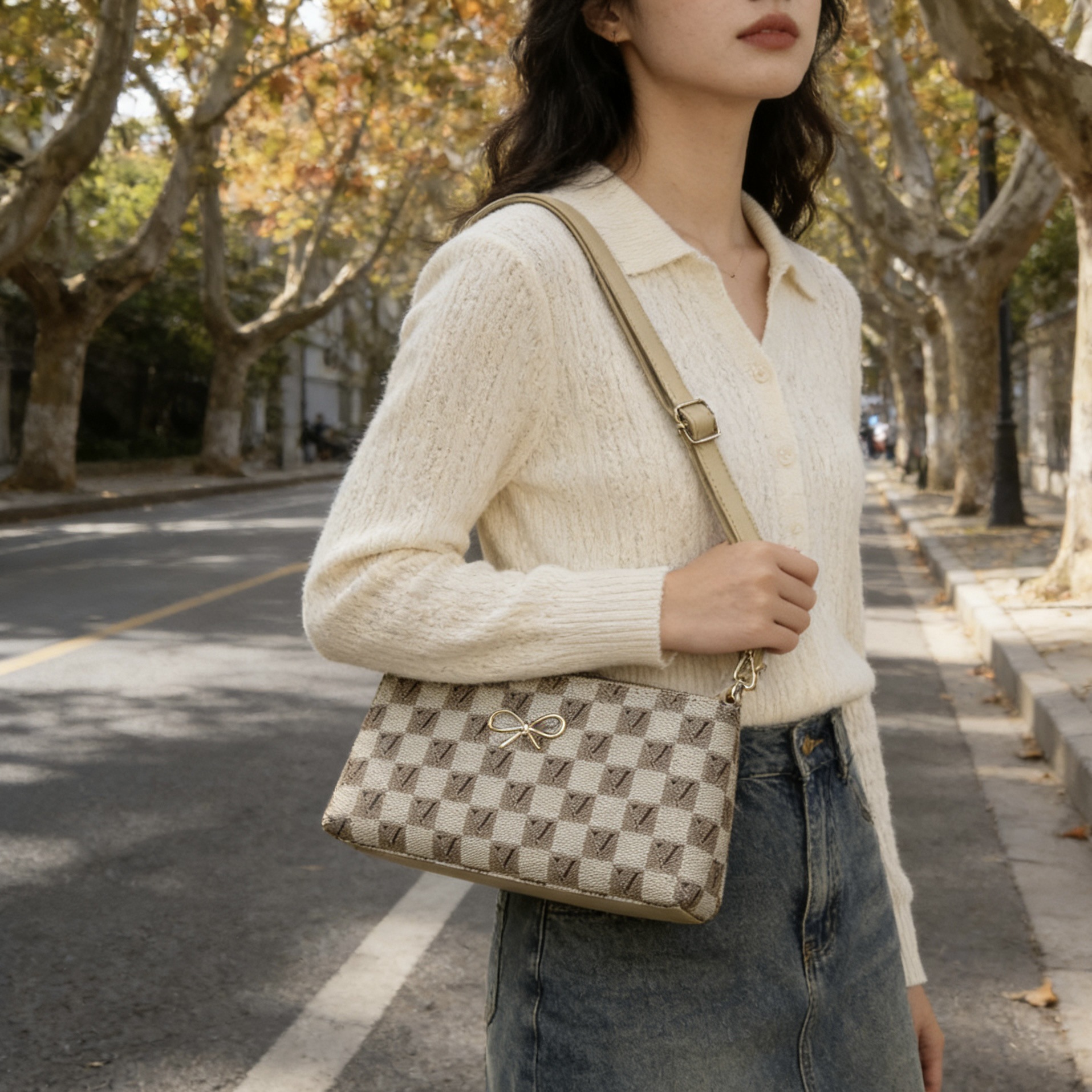 Crossbody axelväska i retrostil med tryck och dragkedja_voghion.com