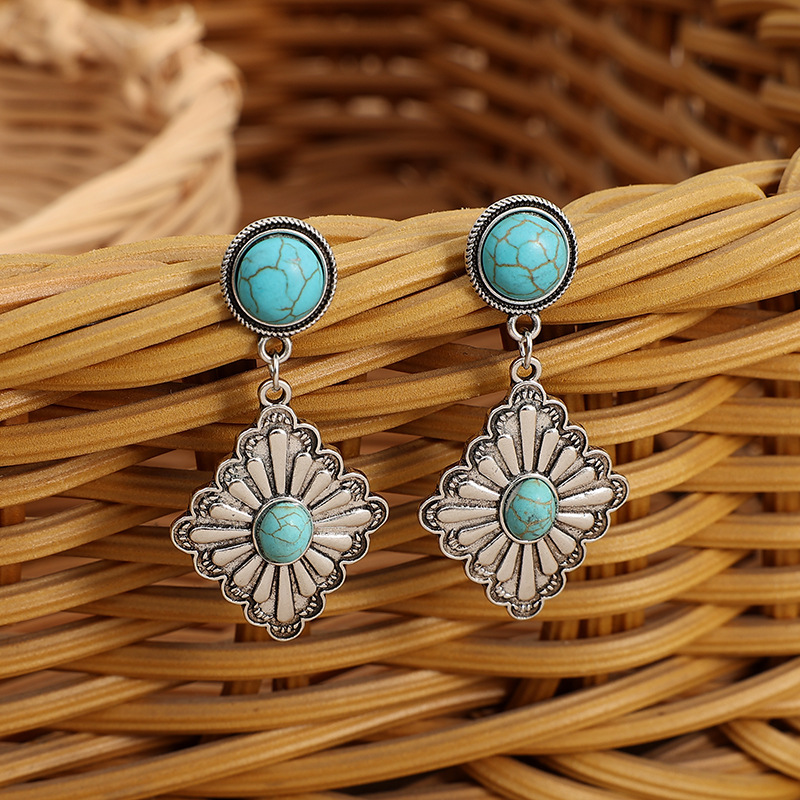 wish速卖通 新款复古泰银绿松石耳钉 欧美民族风菱形花边耳坠耳钉