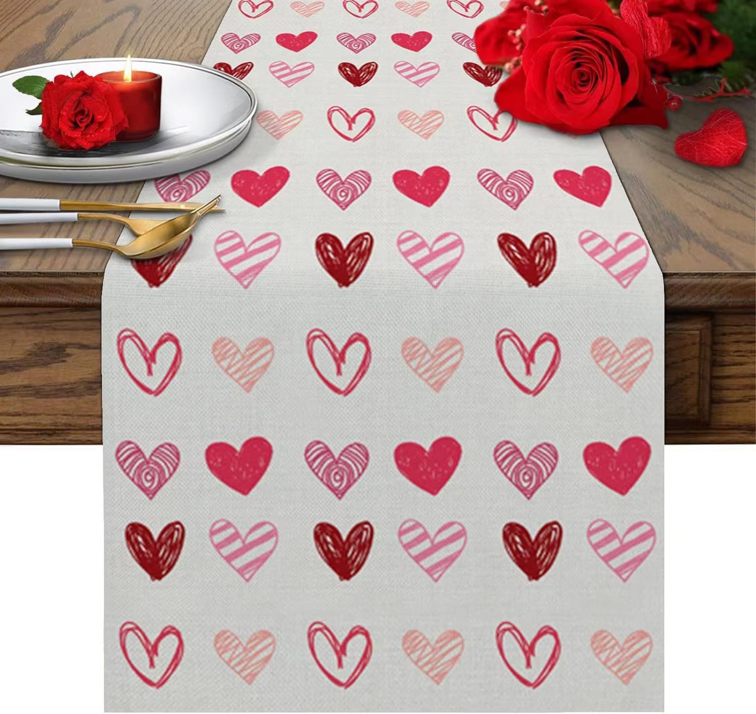 Pink Color Valentine's Day Cute Retro Pastoral Heart Shape Linen Tablecloth