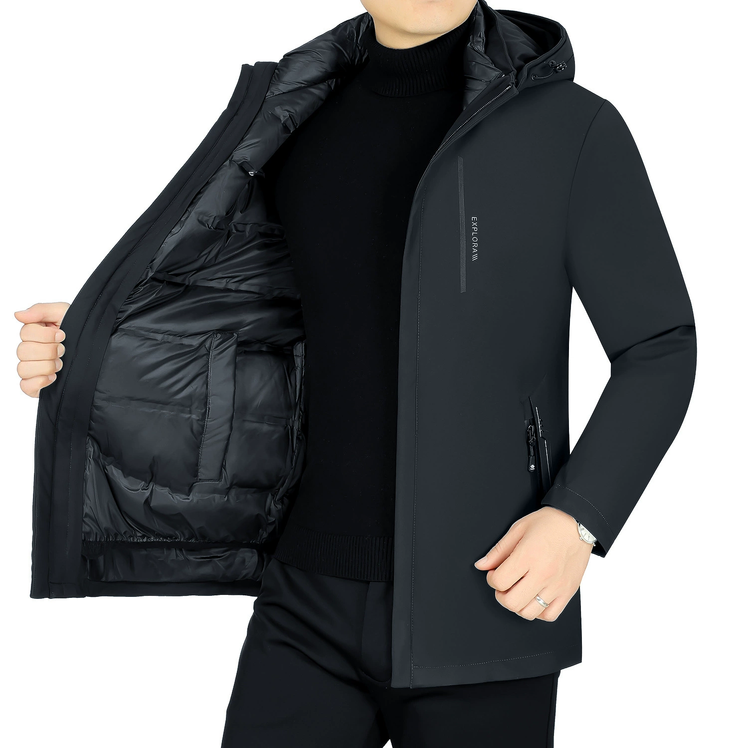 Winter long down jacket, maxi length, increased thickness