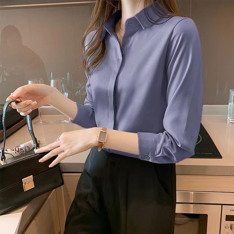 杭州のシルクのシャツの女性の長袖の春秋服の新型の绢糸の上着の白い職業は底のシャツの女性を詰めます。|undefined
