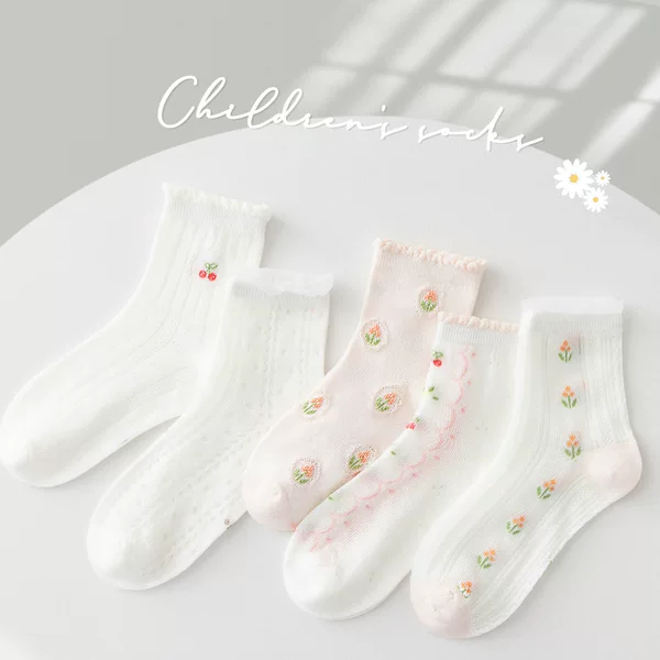 2025 Girls Socks Summer Thin Lolita Pink Flower Mori Children's Socks Mesh Lady Llace Socks