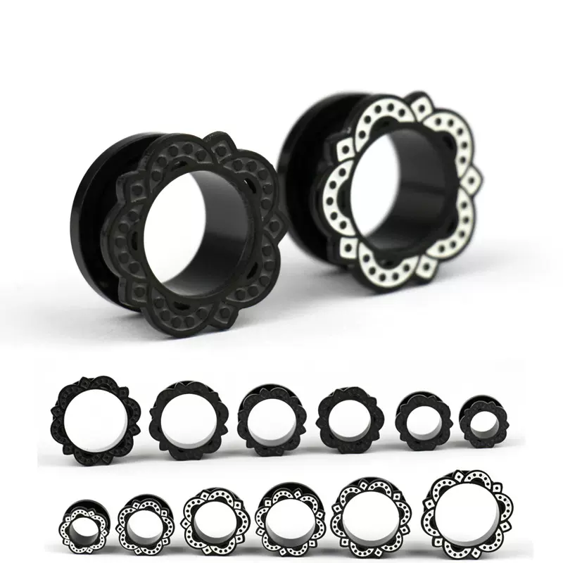 欧美耳廓 时尚耳扩 人体穿刺饰品 莲花黑白色扩耳器8个尺寸可选