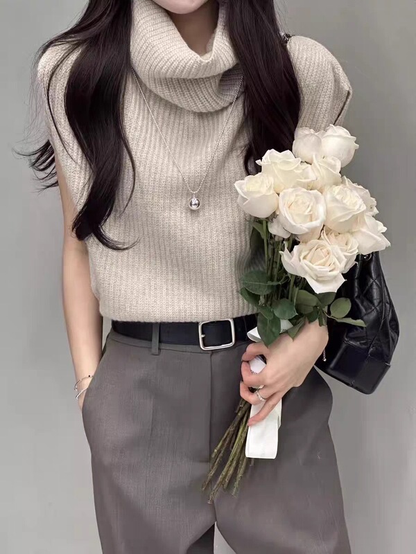 跨境洋气叠穿气质高领宽松马甲背心女无袖针织毛衣套头坎肩上衣女|undefined