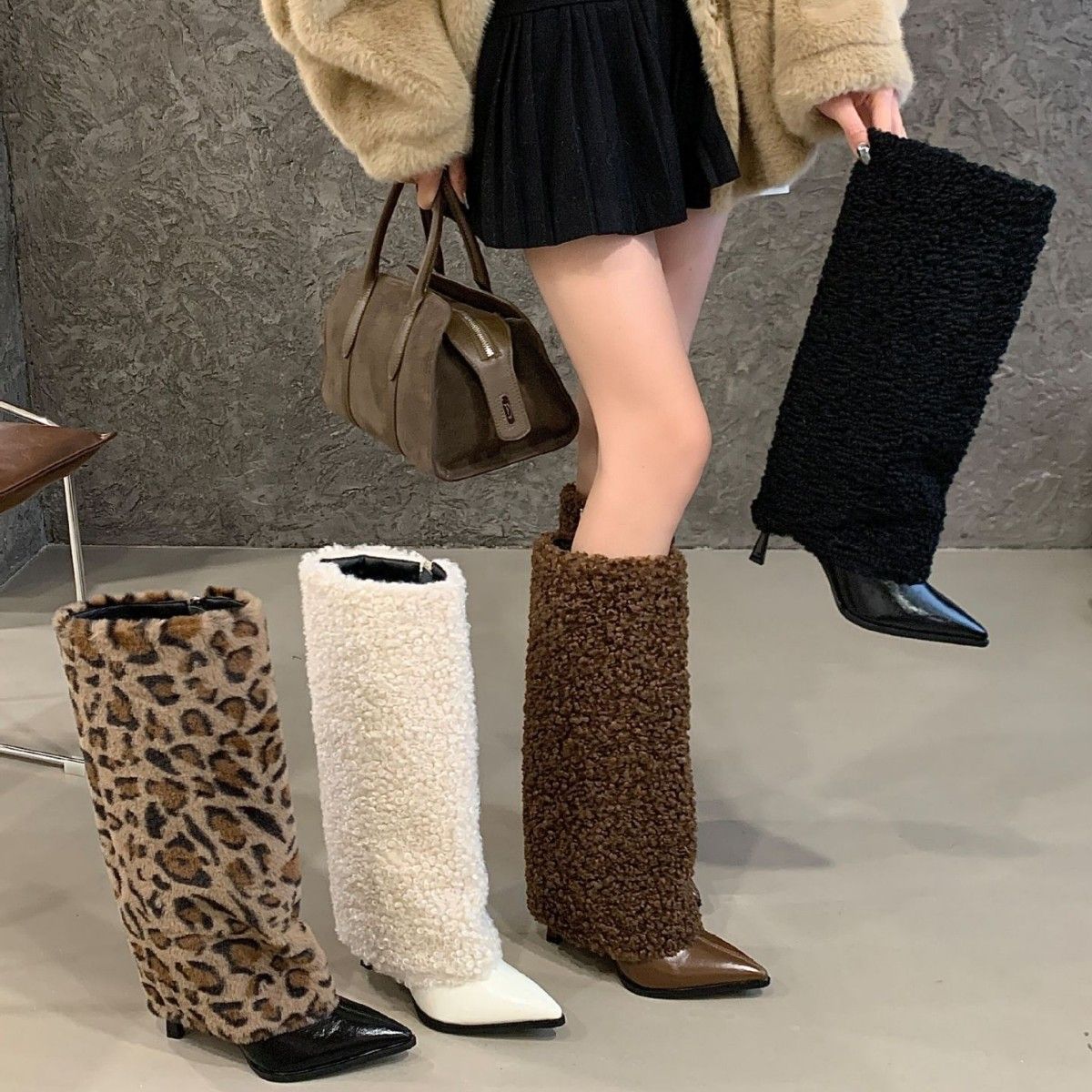 2025秋冬新款细跟高跟靴毛毛靴裤管靴豹纹加绒保暖长靴女长筒靴子