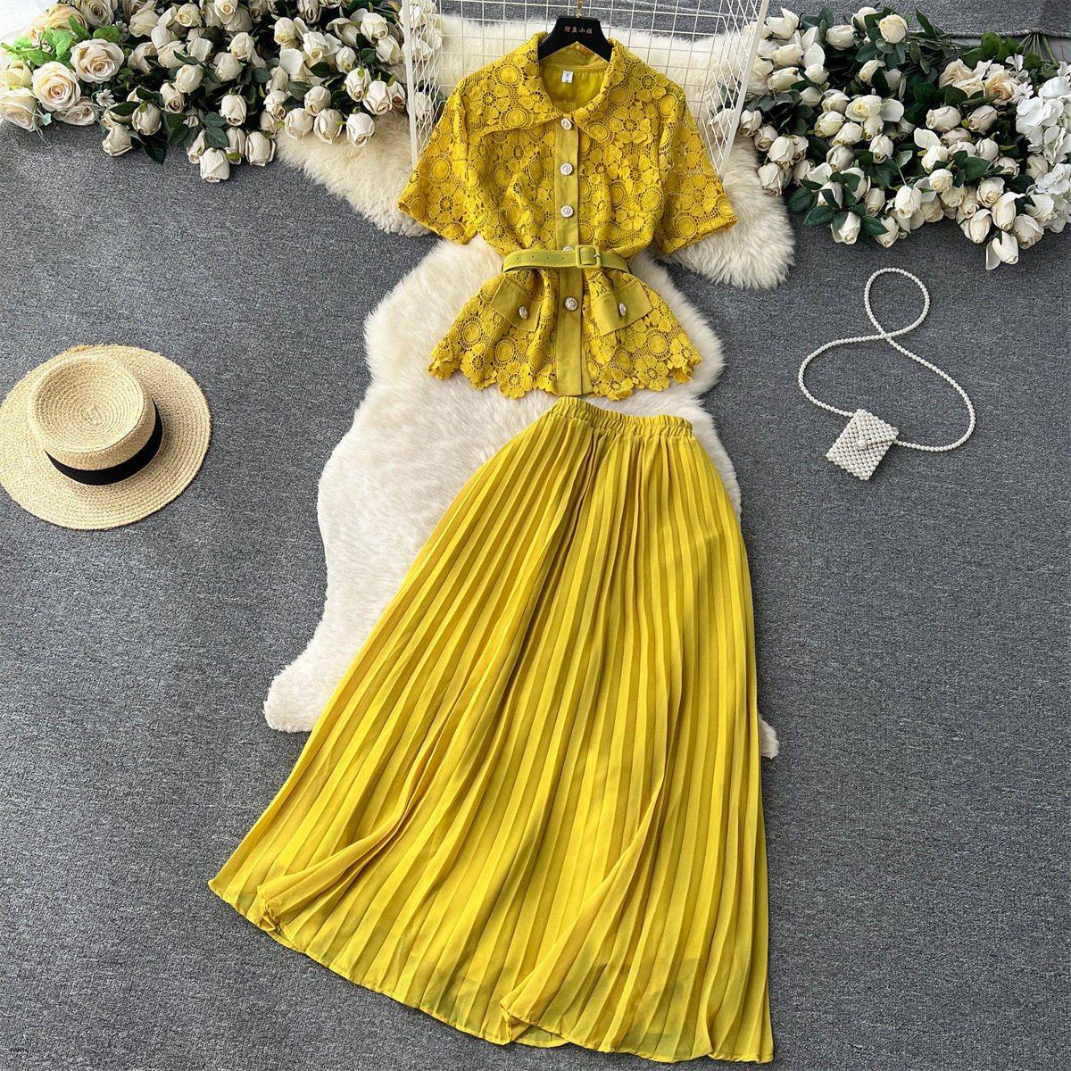 Damen Zweiteiliges Set Aus Kurzarmbluse Und Plisseerock Für Den Sommer_voghion.com