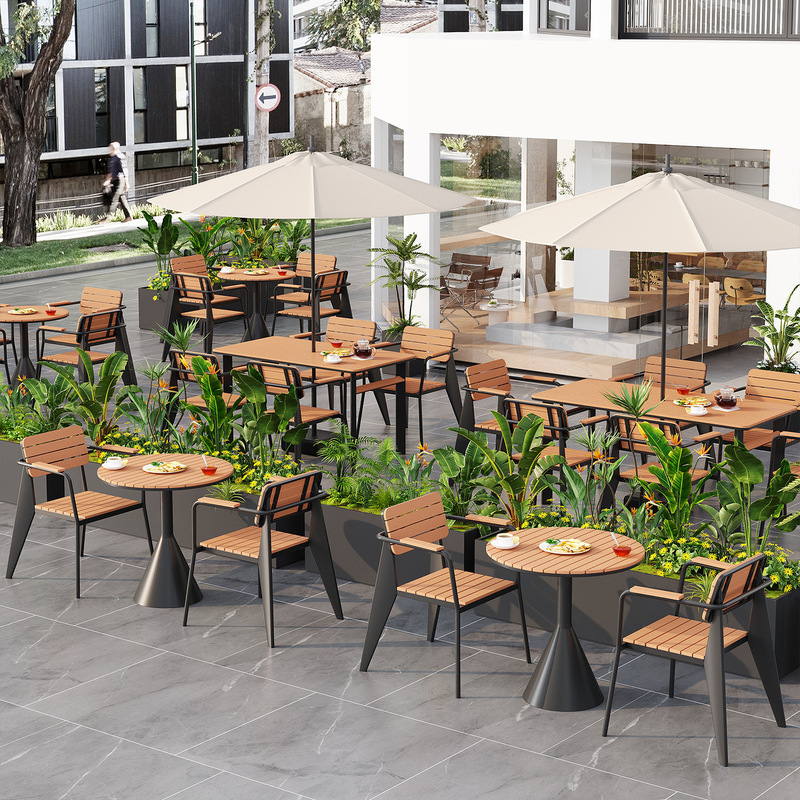 New Outdoor Plastic-Wood Waterproof and Sun-Resistant Tables and Chairs for Commercial Streets, Courtyards, Gardens, Anti-Corrosion Dining Table Sets, and Café Long Tables New Outdoor Plastic-Wood Waterproof and Sun-Resistant Tables and Chairs for Commercial Streets, Courtyards, Gardens, Anti-Corrosion Dining Table Sets, and Café Long Tables