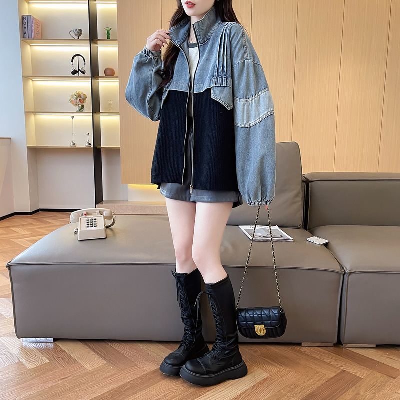 牛仔拼接立领毛衣外套女秋冬2025宽松洋气复古慵懒风高品质针织衫|undefined