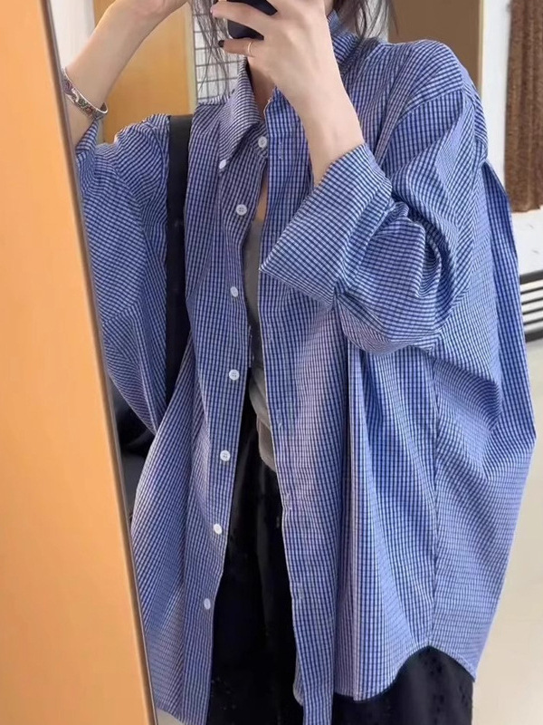 高级感超好看宽松蓝色显瘦衬衣秋季新款女百搭慵懒风格子衬衫休闲|undefined