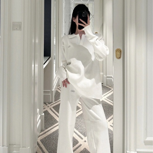 Alo Yoga Set Polo Collar Knit European and American Style Lazy Pullover Sweater Wide-Leg Pants Fitness Sports Lazy Style