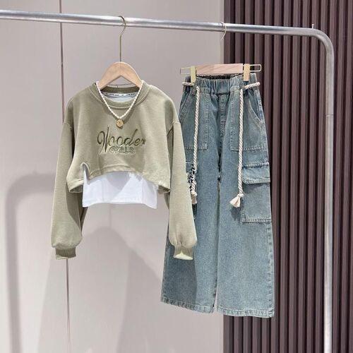 2024 Autumn Girls' 3-Piece Set: New Korean-Style Trendy Vest, Sweatshirt, & Overalls Denim Pants—Internet-Famous Outfit