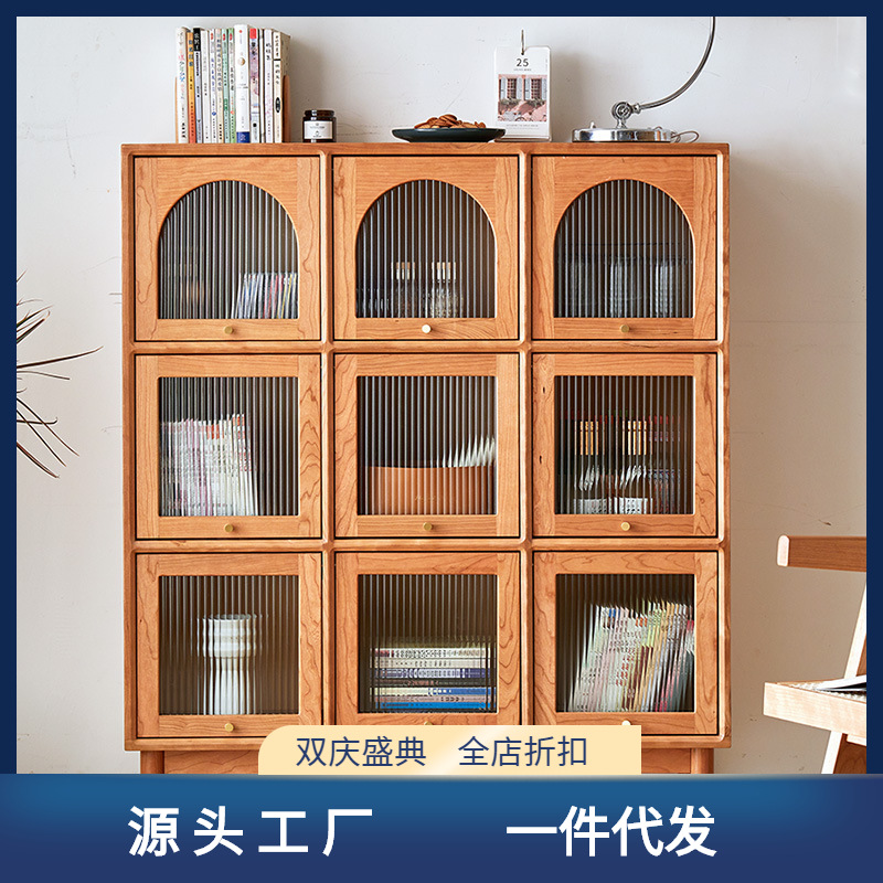 實木簡約北歐展示櫃日式現代格子書櫃櫻桃木卯榫書房客廳手辦邊櫃