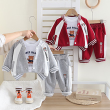 儿童套装男童春装1一2-3-4岁童装秋季小童男孩衣服拼色小熊三件套