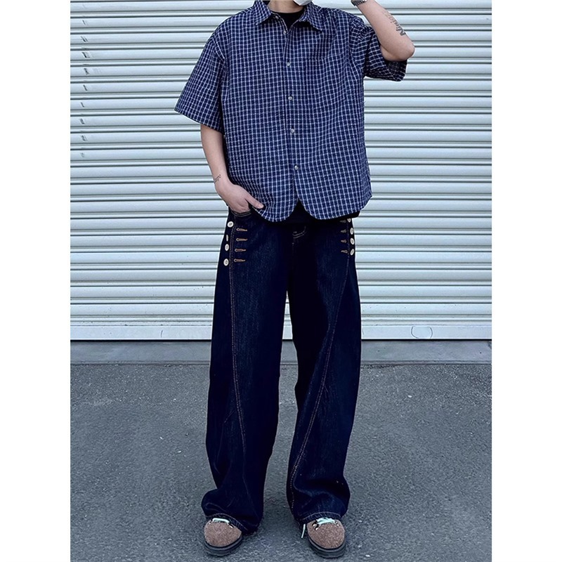 日系复古藏青色格子短袖衬衫男款夏季泡泡纱百搭短款廓形半袖衬衣|undefined