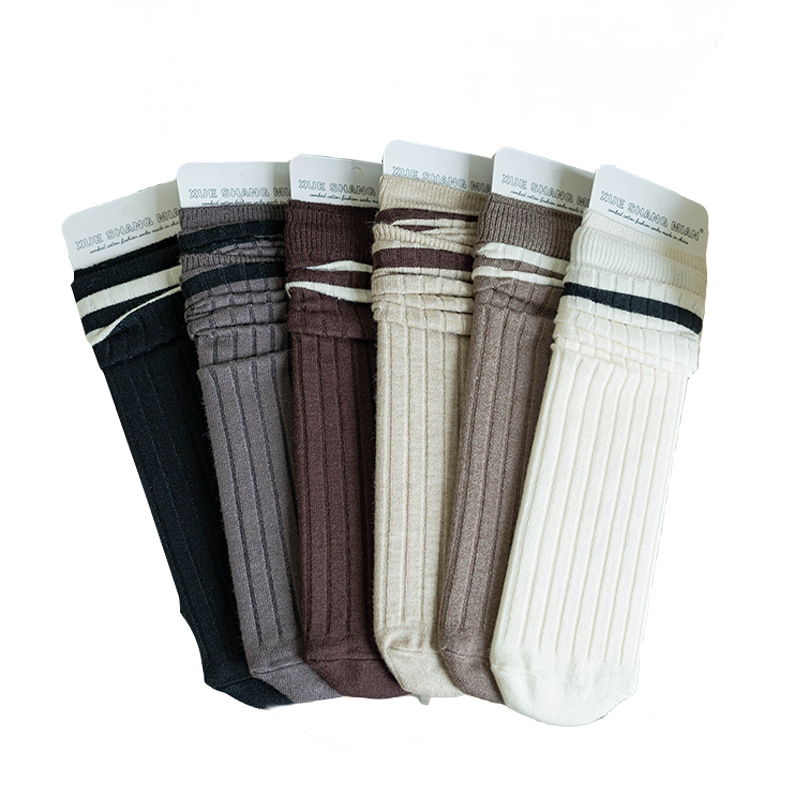Calcetines de Cachemira de dos barras para mujer otoño e invierno a rayas ins estilo preppy de moda pila color sólido todo fósforo chica media pantorrilla calcetines al por mayor de fábrica