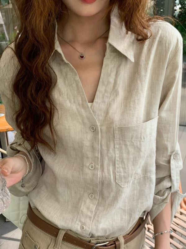 Polo翻领长袖棉麻衬衫女夏法式气质防晒开衫外套外搭宽松衬衣上衣|undefined