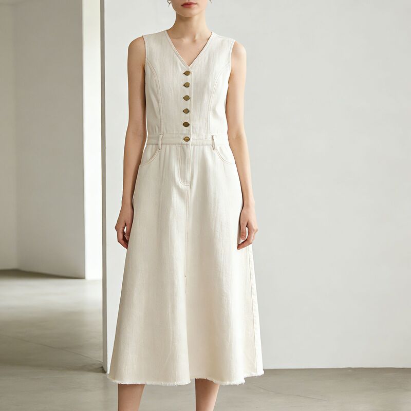 Xingge Off-White Chanel-Style Sleeveless Vest Dress for Women, New Summer French-Style Elegant Denim Mid-Length Dress