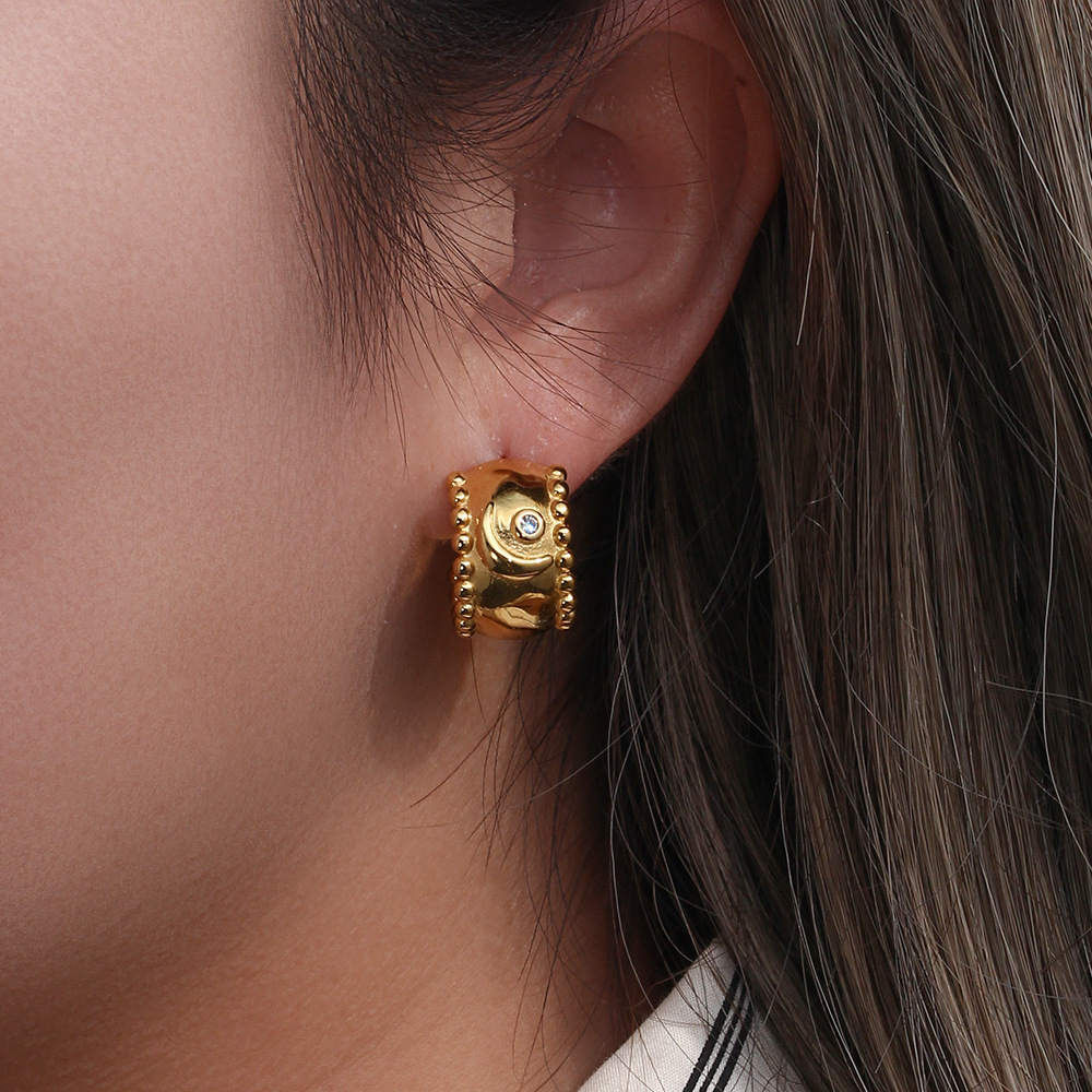 Fashion Geometric Retro 18K Gold Moon Zircon Thick Stainless Steel Earrings
