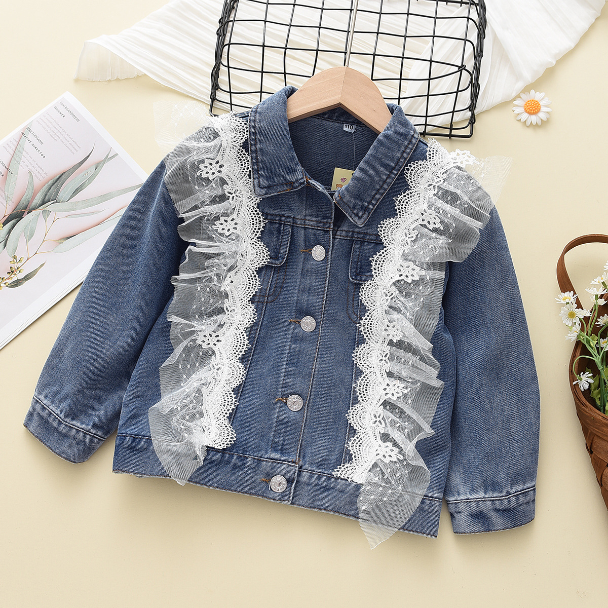 6093 New Spring and Autumn Clothing for Girls, Denim Jacket, Korean Style Trendy Baby Girl Fashionable Lace Trim Jacket
