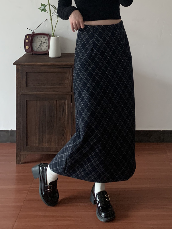 藏青格子毛呢半身裙女秋冬高腰显瘦直筒裙子包臀开叉菱形格a字裙|undefined