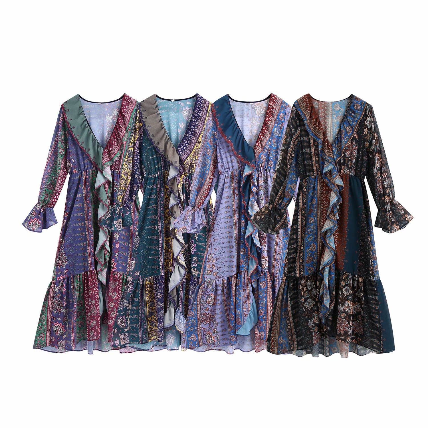 patchwork printed long-sleeved dress NSAM27841
