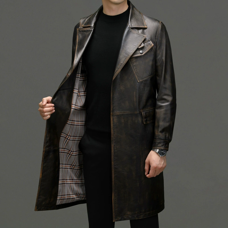 Armani, кожаный демисезонный костюм для отдыха, длинный тренчкот, куртка, коровья кожа