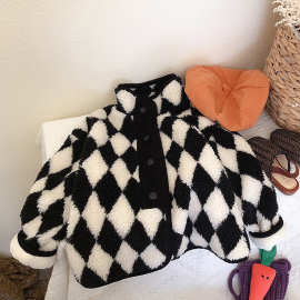 儿童棉服新款冬款韩版洋气男童菱格摇粒绒棉服女童保暖羊羔绒外套