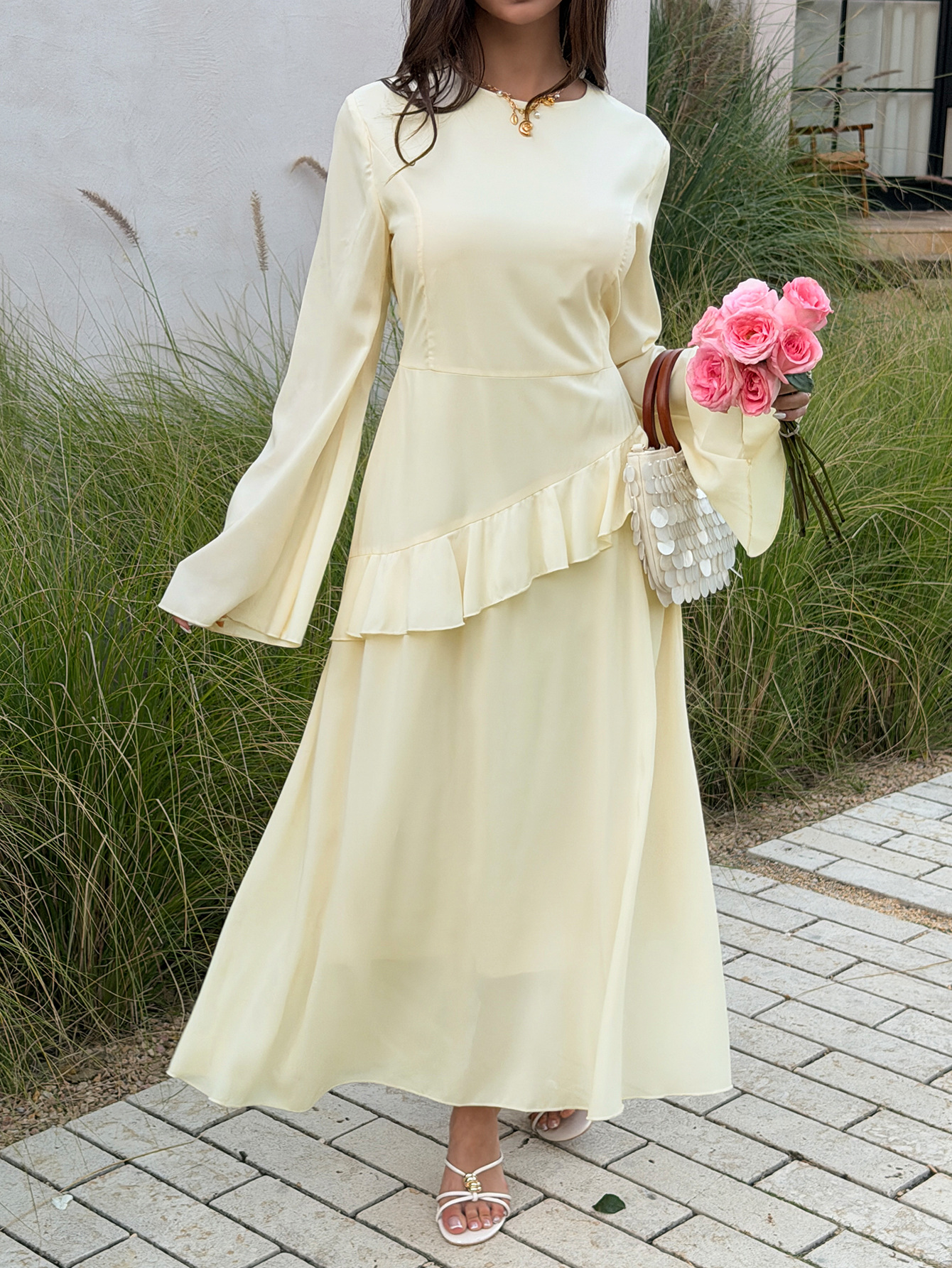 Elegant Fairy Like Women's Dress European American Style Water Sleeve Patchwork Design Spring Summer_ecoleips.com