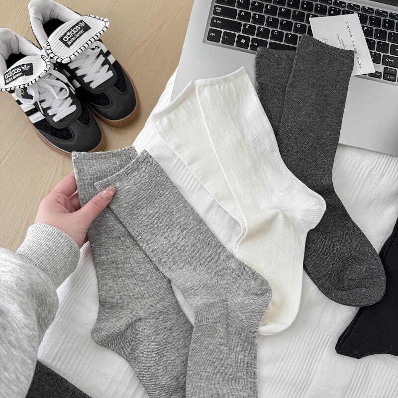 Boneless Stockings Children's Spring and Autumn Ins Japanese-Style Black and White Grey Mid-Style Stockings Loosened Outer Wear Piled Stockings with Small Leather Shoes