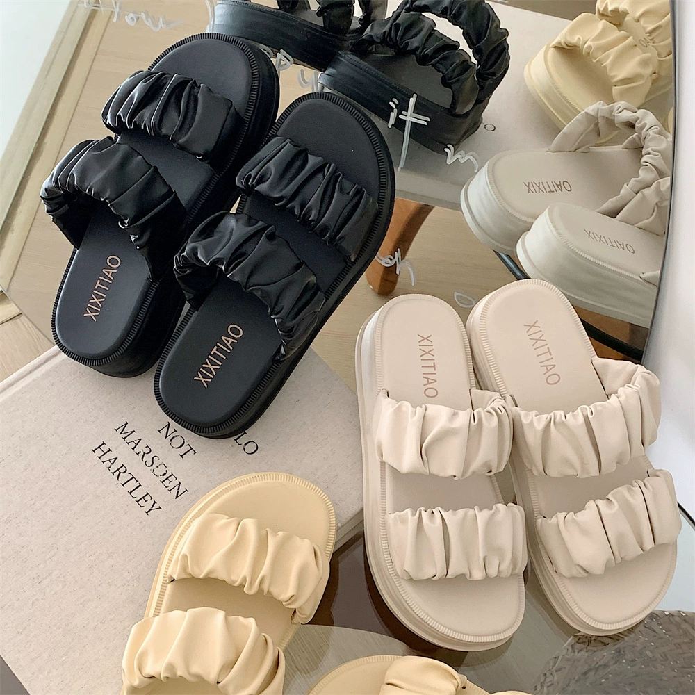 Летняя Повседневная модная плиссированная пляжная обувь на толстой подошве, удобная верхняя одежда в сказочном стиле, сандалии и тапочки с двойным ремешком для женщин