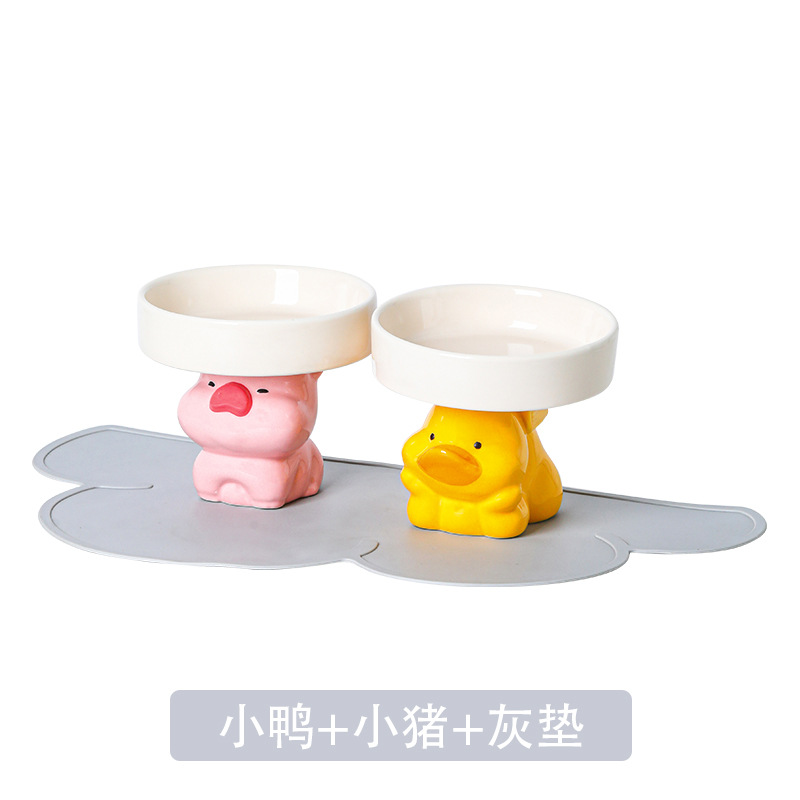 노란 오리 그릇 + 핑크 돼지 그릇 + 회색 플레이스매트