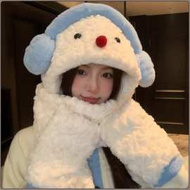 可爱雪人耳机毛绒帽子围巾一体女冬季保暖护耳防寒东北滑雪雷锋帽