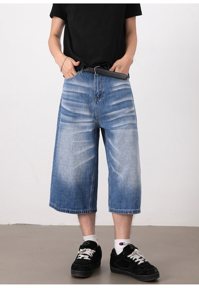 Quần short jeans nam ống rộng dáng lửng phong cách retro giặt mài — Màu xanh dương, Xanh nhạt chi tiết 19