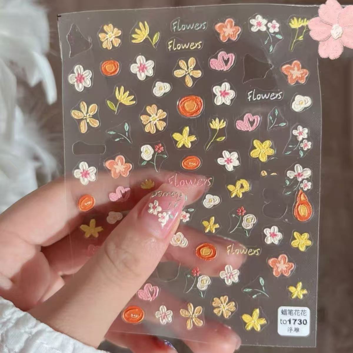 Embossed 3D Cute Garden Crayon Flower Graffiti Hand-Painted Small Flower Nail Art Stickers Decorations Cartoon Nail Accessories