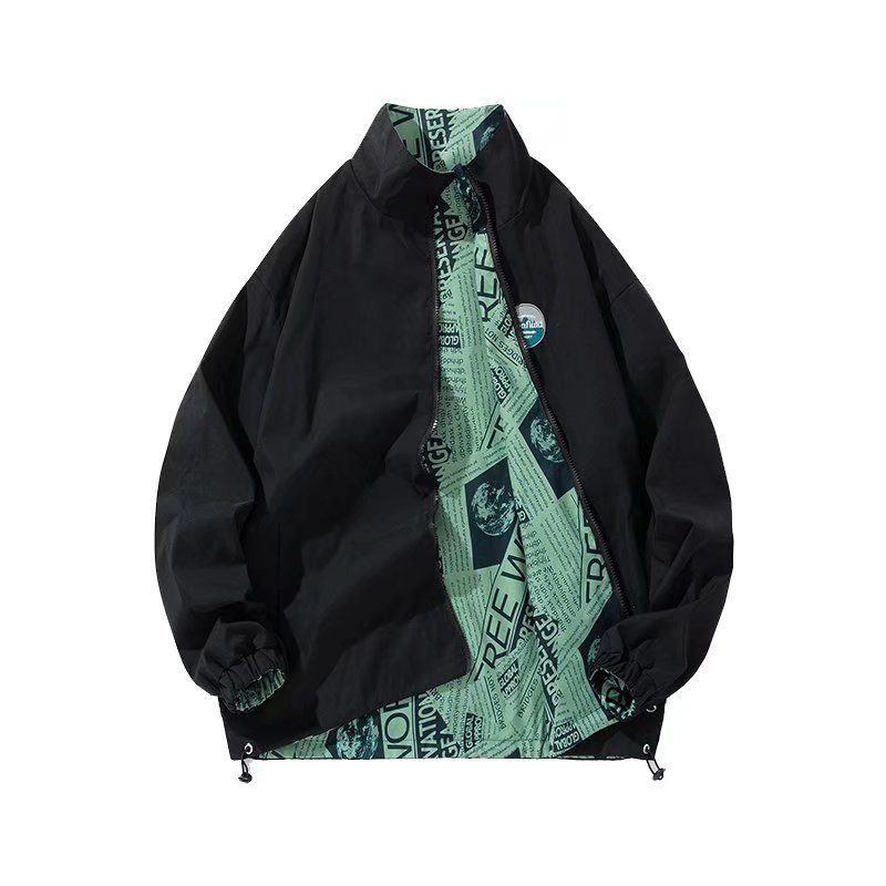 Periódico retro Proteus Boy, estampado completo, cuello alto suelto, chaqueta de doble cara, chaqueta, ropa de primavera y otoño para hombres y mujeres