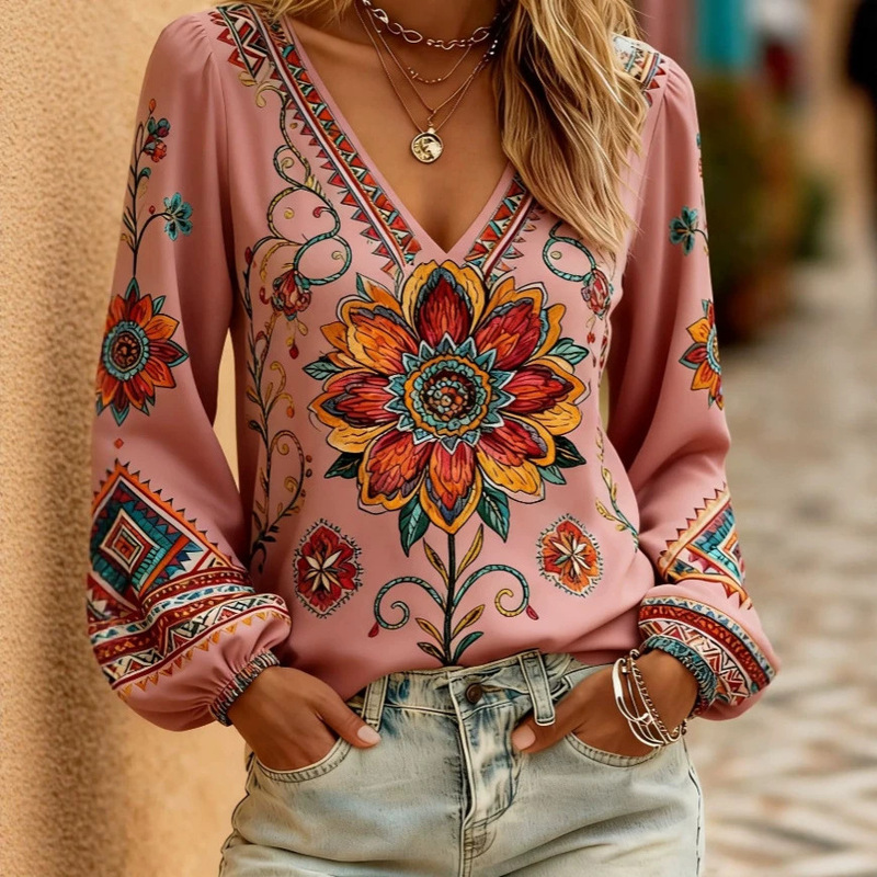Long-sleeved Bohemian vacation shirt with European and American ethnic style geometric floral print top Long-sleeved Bohemian vacation shirt with European and American ethnic style geometric floral print top