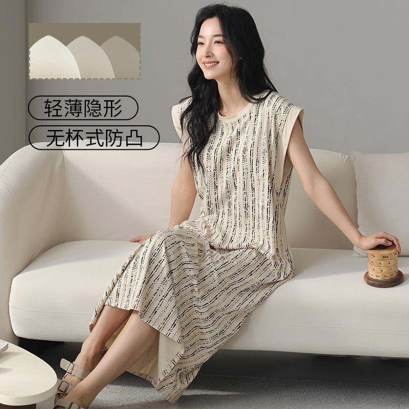 新款纯棉拉架带胸垫睡裙女夏季薄款无袖高级感条纹女士长裙可外穿|undefined