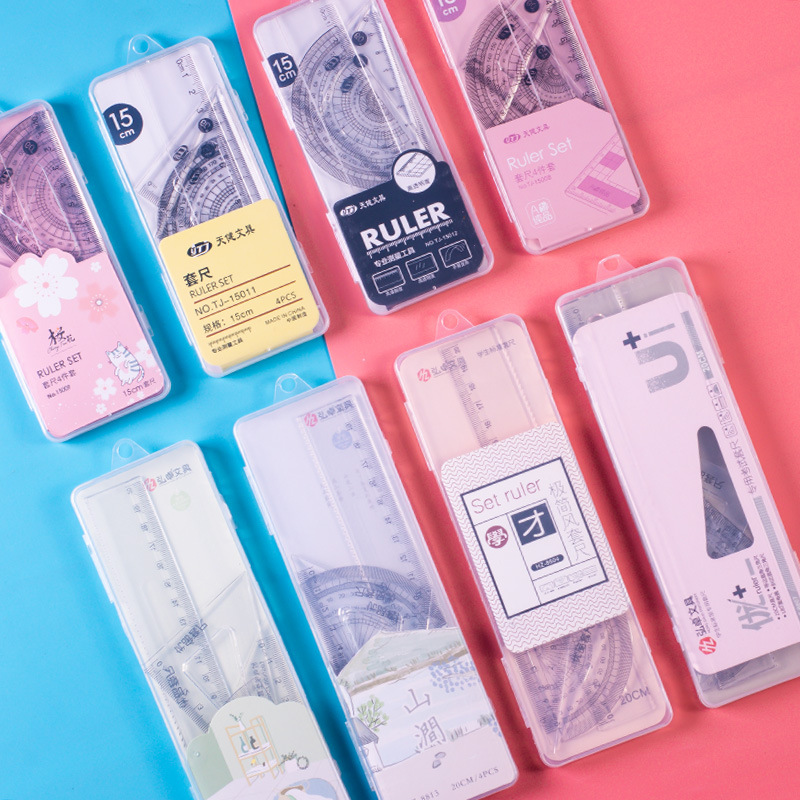 Student Drawing Set Plastic Ruler Set, Including Triangle Ruler and Protractor, Learning Stationery in Plastic Box