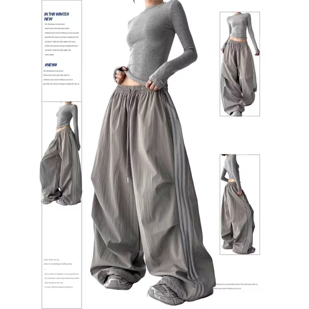 街头嘻哈侧边条纹运动卫裤女春季宽松垂感爵士舞弯刀裤显瘦阔腿裤