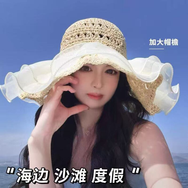 2025 新しい麦わら帽子女性のレースストラップレース漁師帽子新しい日焼け止め中空通気性日よけ帽子旅行海|undefined