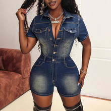 欧美牛仔连体短裤女2025新款时尚重工艺洗水连体衣水洗个性连体裤