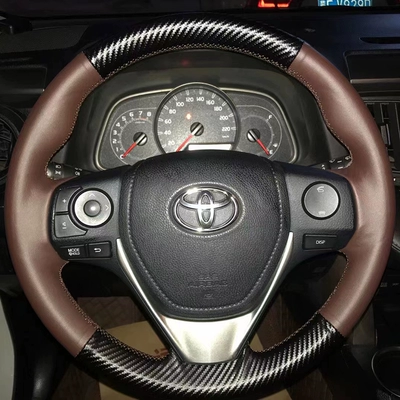 Steering wheel cover – hand-stitched full cover - toyota-rav4-rongfang-8-matte-carbon-fiber-non-perforated-brown-leatherbrown-stitchingreal-super-fiber