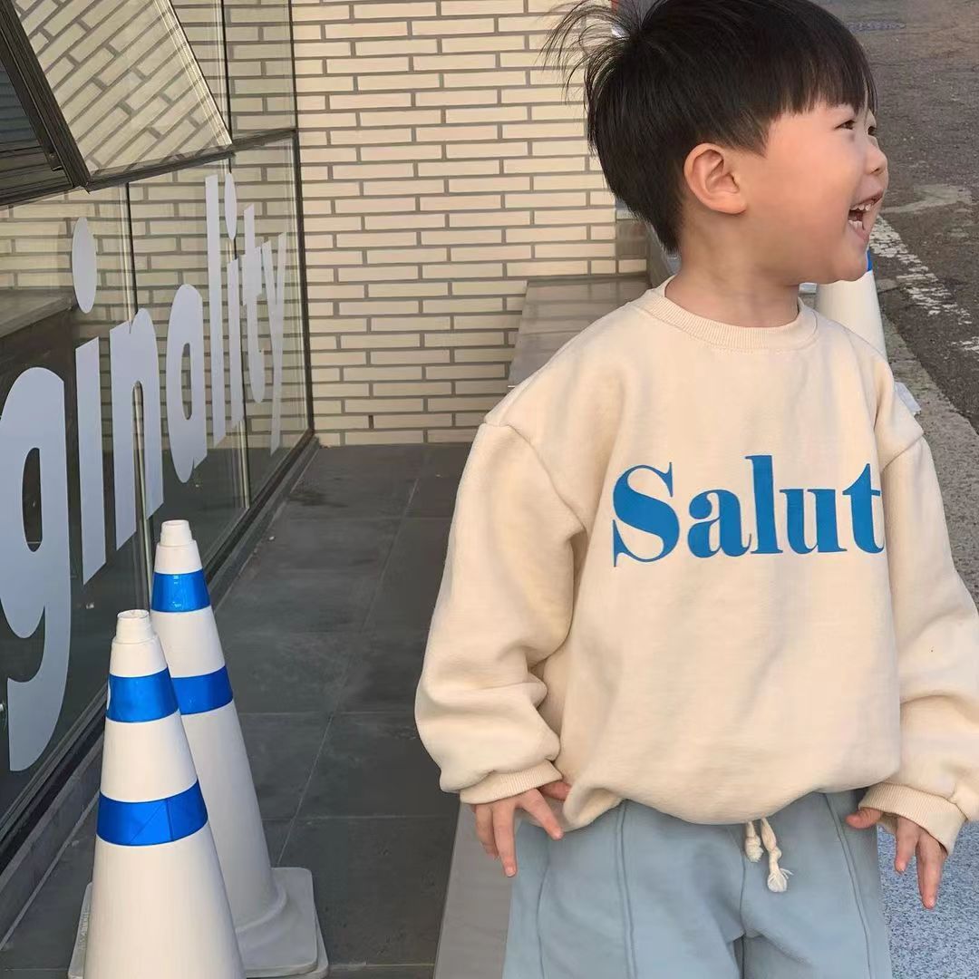 2023 New Wide Korean Children's Spring and Autumn Winter Style Children's Large Letter Print Casual Thin Hooded Sweatshirt for Boys and Girls