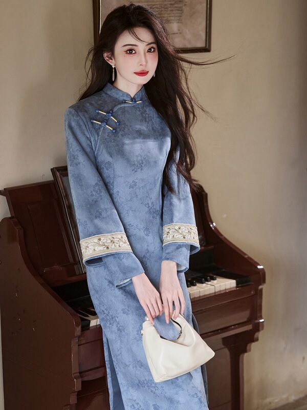 贝之韵蓝色素雅新中式改良倒大袖旗袍女2025秋新款淑女范日常可穿|undefined