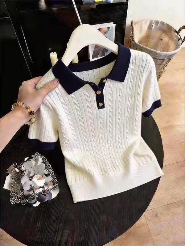 Damen T-shirt Aus Eisseide Im Koreanischen Stil Mit Kragen_voghion.com
