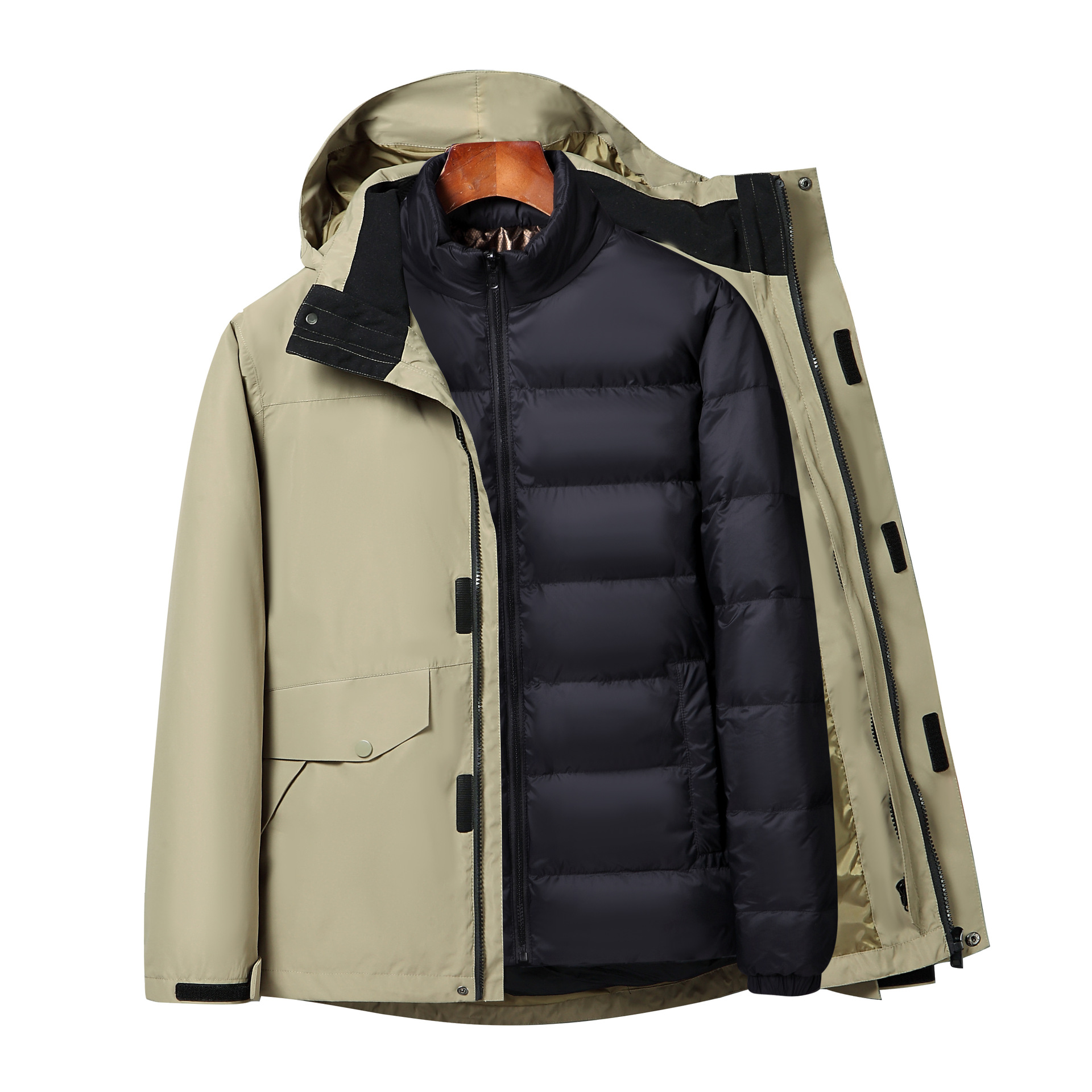 Herrenbekleidung Neue Outdoorjacke Drei-in-eins-Baumwolljacke 90 weiße Gans Baumwollfutter Abnehmbarer Herren-Bergsteiger-Skianzug_voghion.com