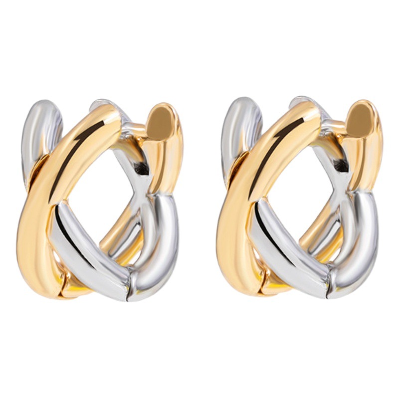 Korean and Japanese Style Earrings from Dongdaemun, Minimalist Hoop Earrings with a Stylish Feel, Gold and Silver Two-Tone Three-Dimensional Cross Stud Earrings