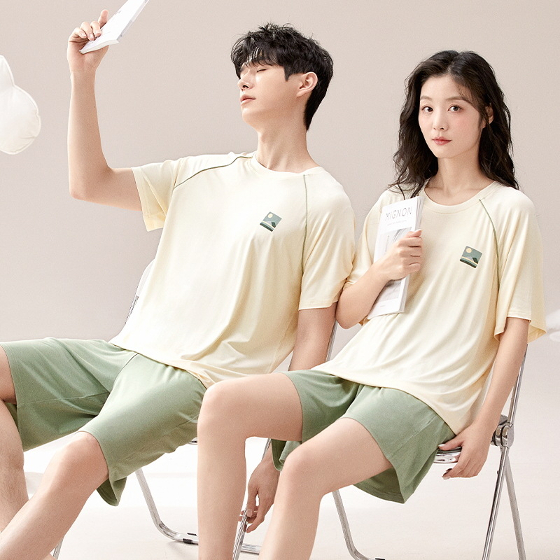Con almohadilla para el pecho 2024 pijamas de verano pareja modal manga corta conjunto de dos piezas primavera y verano color sólido hombres homewear suave