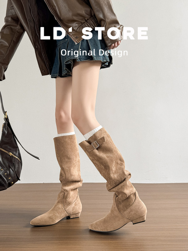 Genuine Leather~Lazy Style Hidden Heel Long Boots for Women, Autumn and Winter Retro Slouchy Boots, French Pointed Toe Slimming High Boots